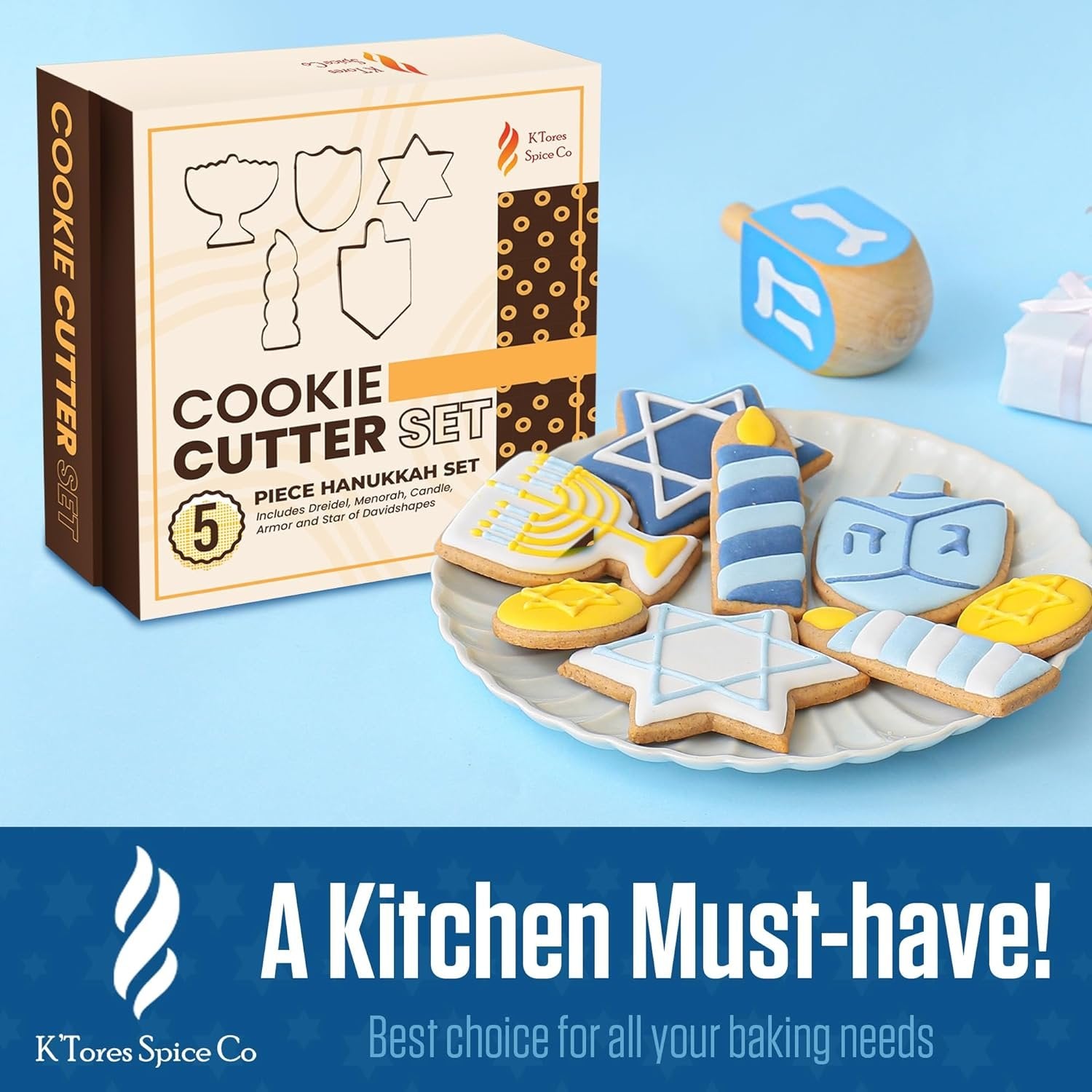 K'Tores Spice Co - Hebrew Jewish Cookie Cutters, Convenient Box - Food Safe Stainless Steel - Purim, Hanukkah and more